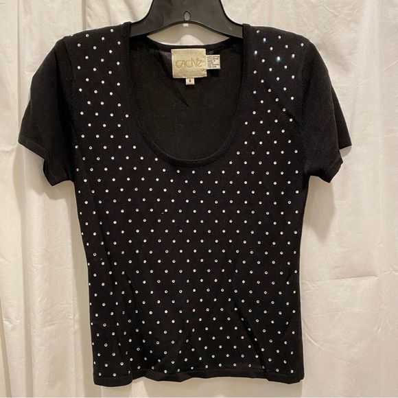 CACHE Black Rhinestone Front Tee Size S - Picture 1 of 7
